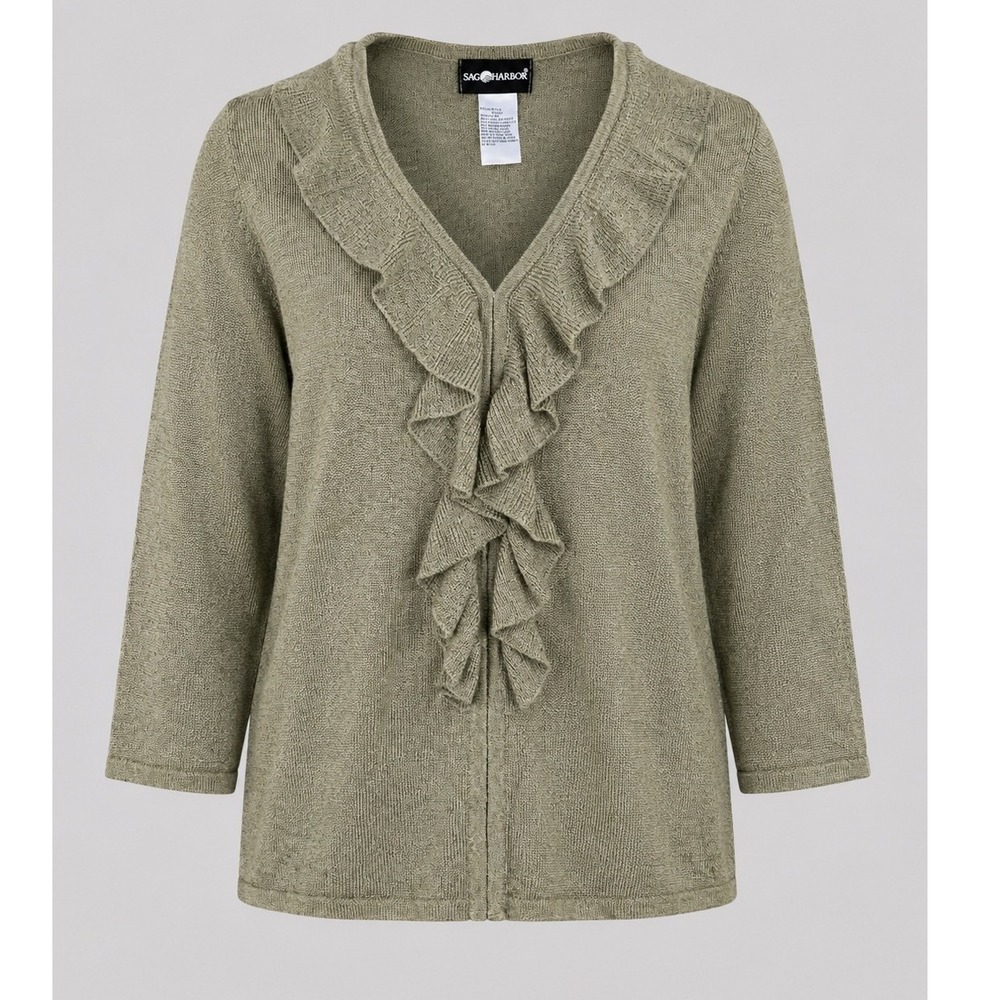 SAG Harbor Olive Green Ruffle Cardigan Sweater Womens Small Lightweight